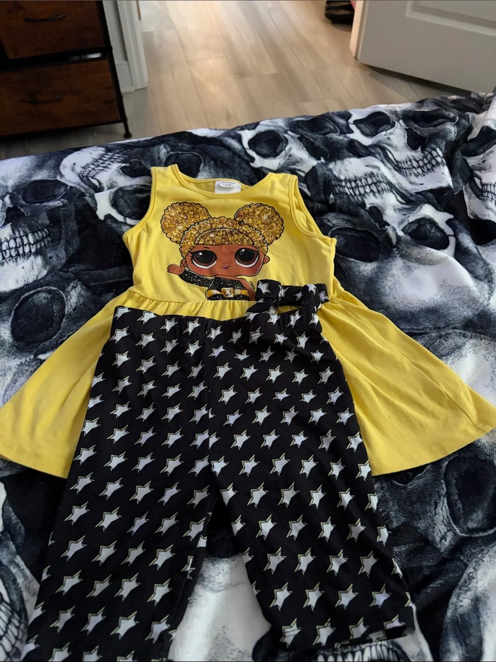 Yellow Doll Graphic Tank Dress & Black Star Shorts Set - Kids
